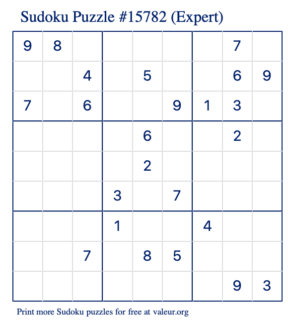 Free Printable Expert Sudoku Puzzle number 15782