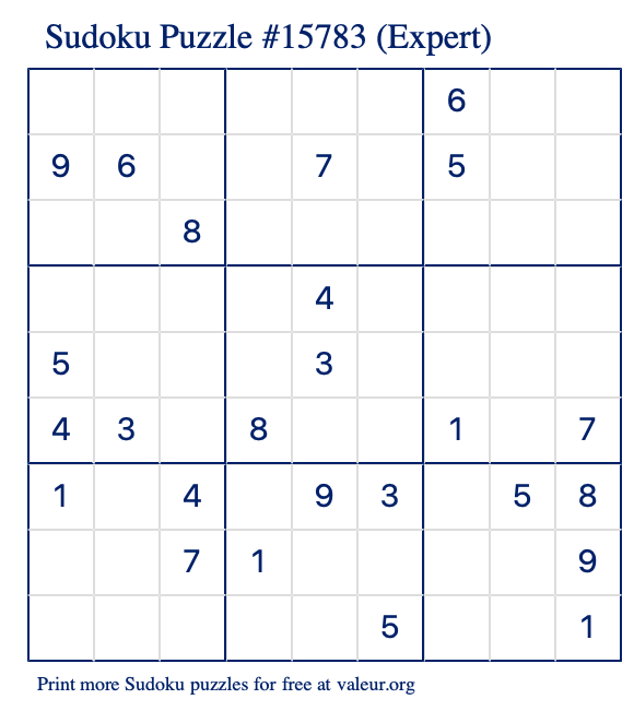 Free Printable Expert Sudoku Puzzle number 15783