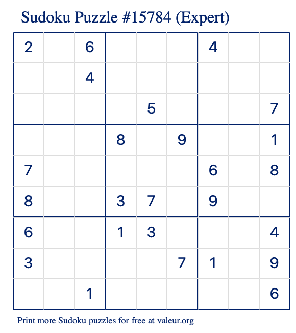 Free Printable Expert Sudoku Puzzle number 15784