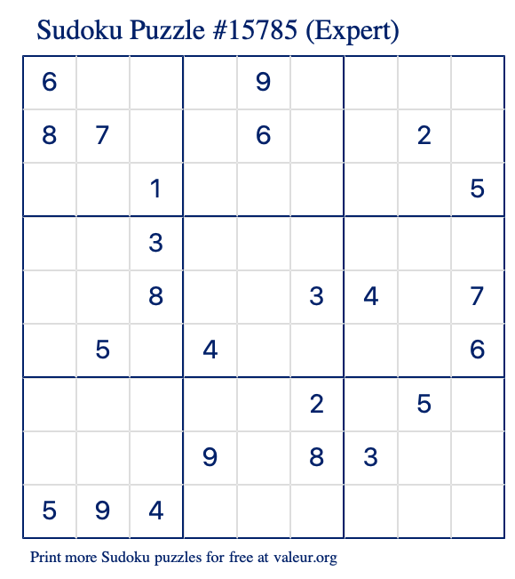 Free Printable Expert Sudoku Puzzle number 15785