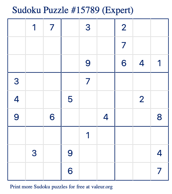 Free Printable Expert Sudoku Puzzle number 15789