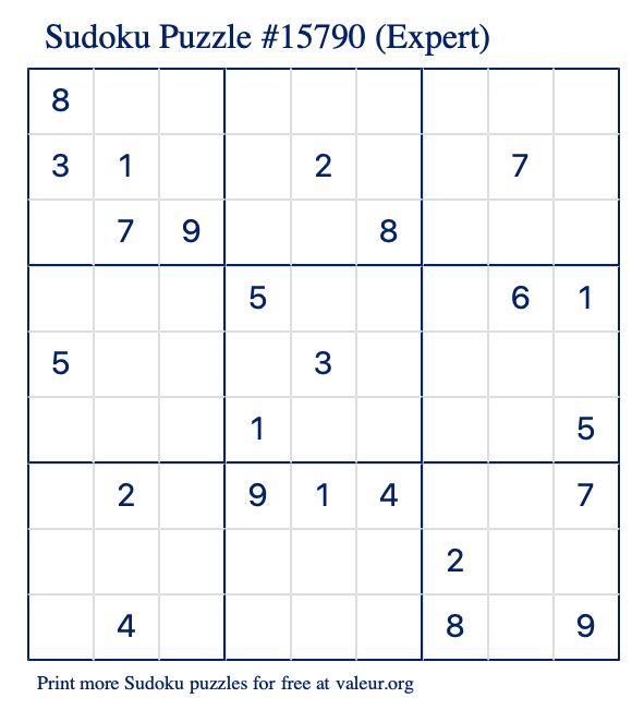 Free Printable Expert Sudoku Puzzle number 15790