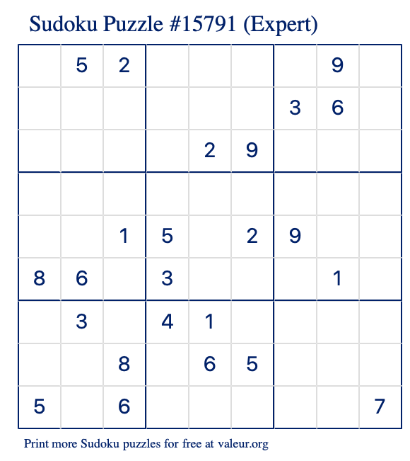 Free Printable Expert Sudoku Puzzle number 15791