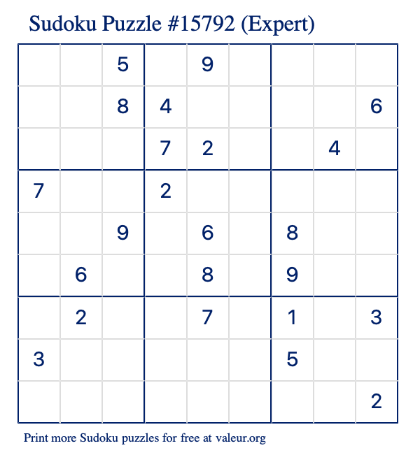 Free Printable Expert Sudoku Puzzle number 15792