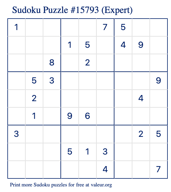 Free Printable Expert Sudoku Puzzle number 15793