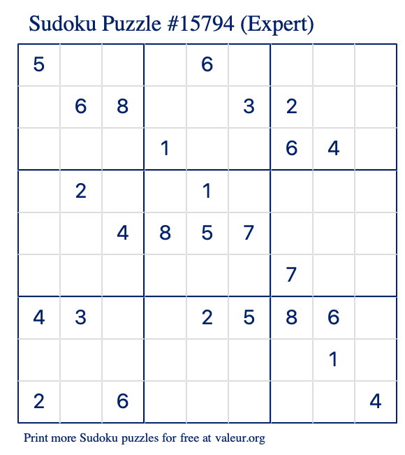Free Printable Expert Sudoku Puzzle number 15794
