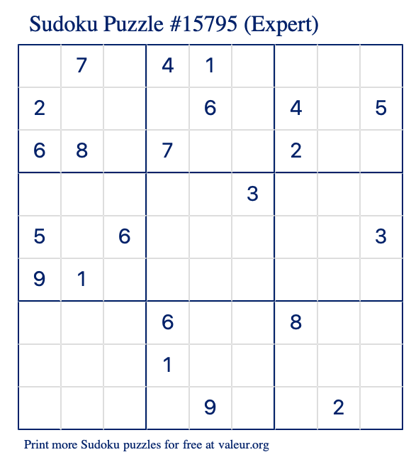 Free Printable Expert Sudoku Puzzle number 15795