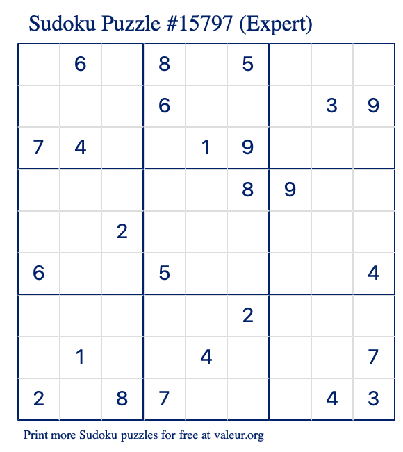 Free Printable Expert Sudoku Puzzle number 15797