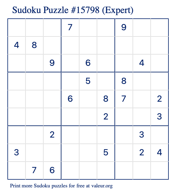 Free Printable Expert Sudoku Puzzle number 15798