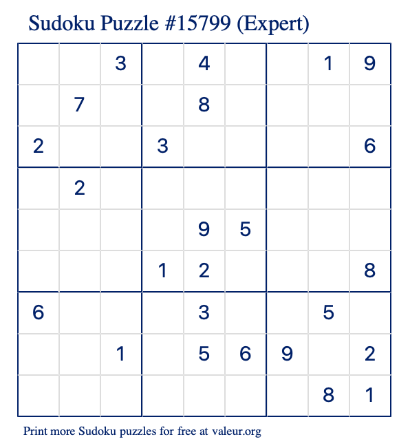 Free Printable Expert Sudoku Puzzle number 15799