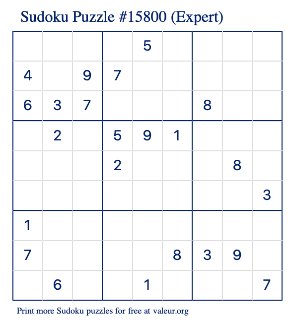 Free Printable Expert Sudoku Puzzle number 15800