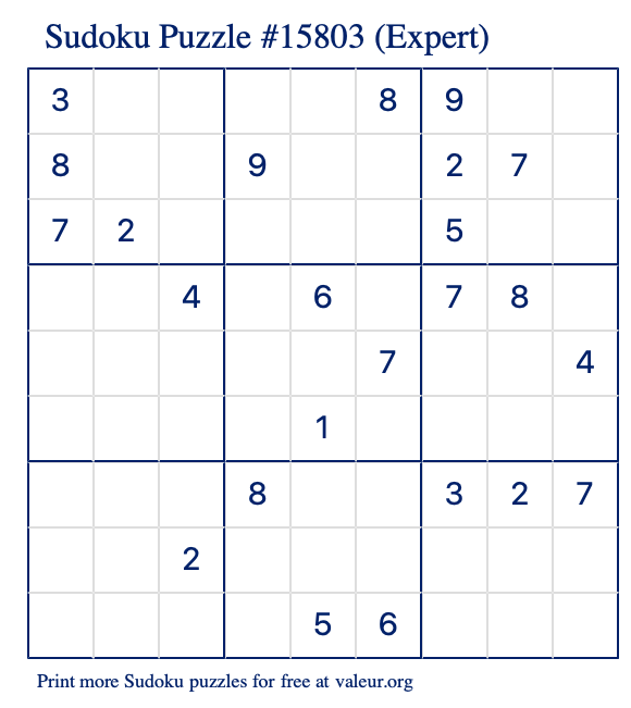 Free Printable Expert Sudoku Puzzle number 15803