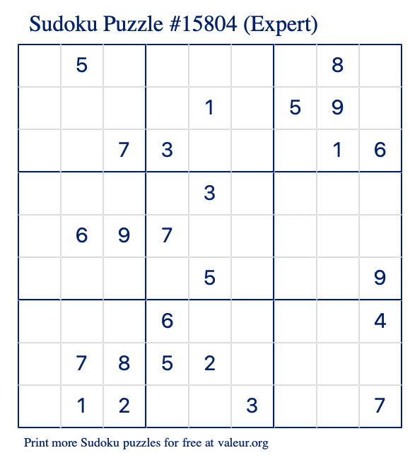 Free Printable Expert Sudoku Puzzle number 15804