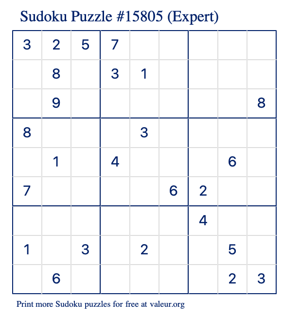 Free Printable Expert Sudoku Puzzle number 15805