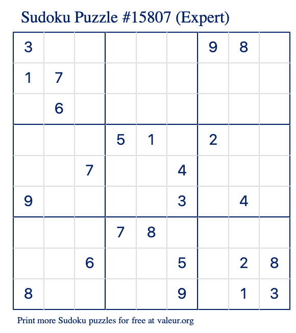 Free Printable Expert Sudoku Puzzle number 15807