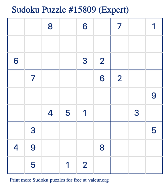 Free Printable Expert Sudoku Puzzle number 15809
