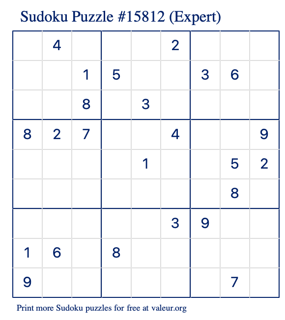 Free Printable Expert Sudoku Puzzle number 15812