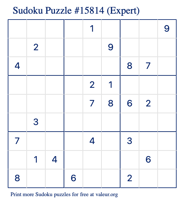 Free Printable Expert Sudoku Puzzle number 15814