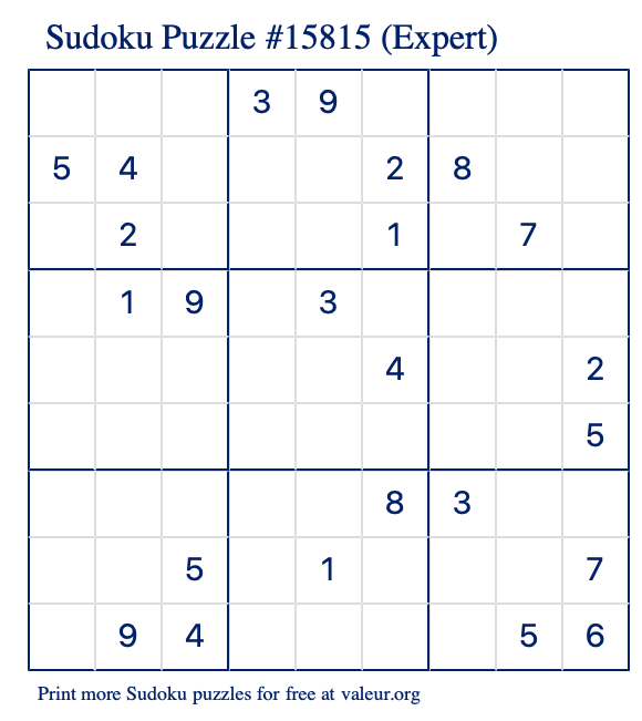 Free Printable Expert Sudoku Puzzle number 15815