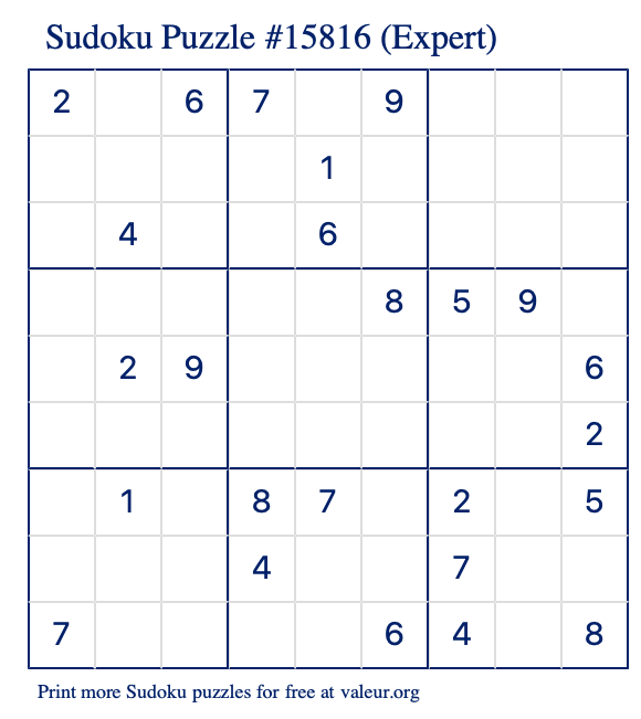 Free Printable Expert Sudoku Puzzle number 15816