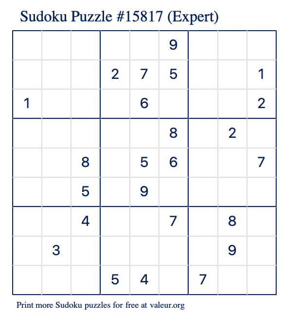Free Printable Expert Sudoku Puzzle number 15817
