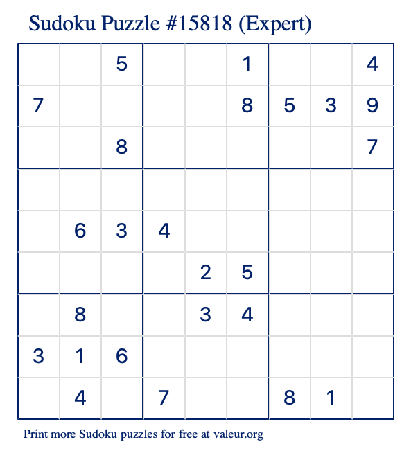 Free Printable Expert Sudoku Puzzle number 15818