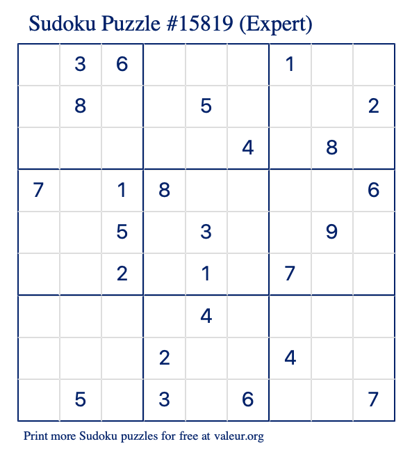 Free Printable Expert Sudoku Puzzle number 15819