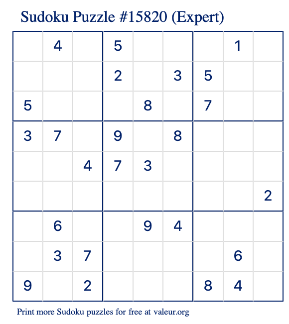 Free Printable Expert Sudoku Puzzle number 15820