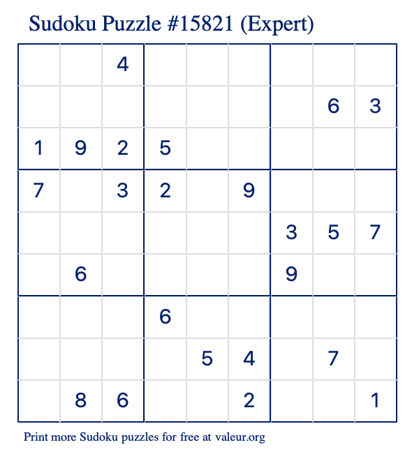 Free Printable Expert Sudoku Puzzle number 15821