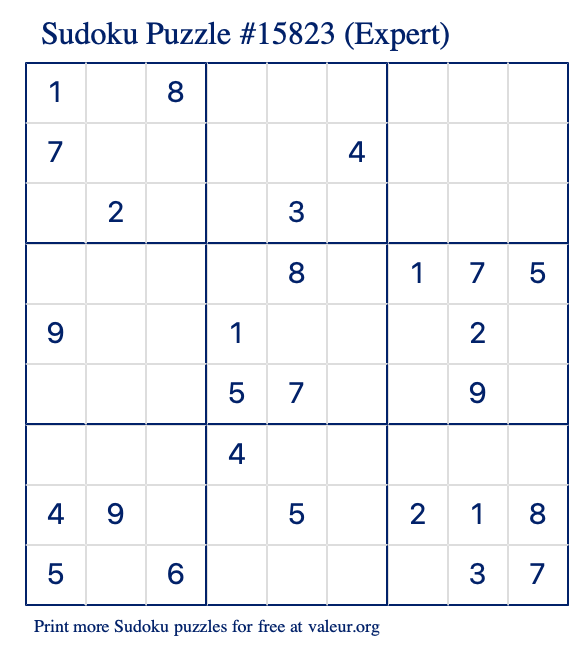 Free Printable Expert Sudoku Puzzle number 15823