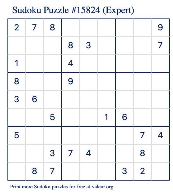 Free Printable Expert Sudoku Puzzle number 15824