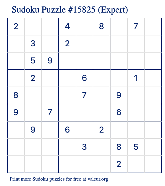 Free Printable Expert Sudoku Puzzle number 15825