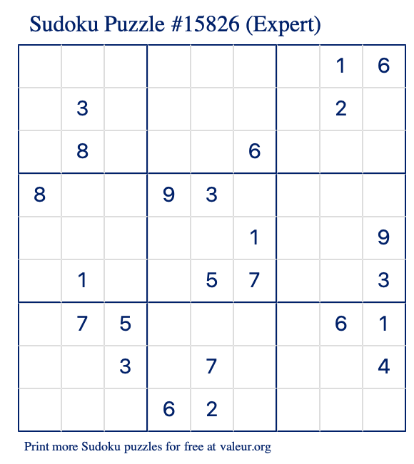 Free Printable Expert Sudoku Puzzle number 15826