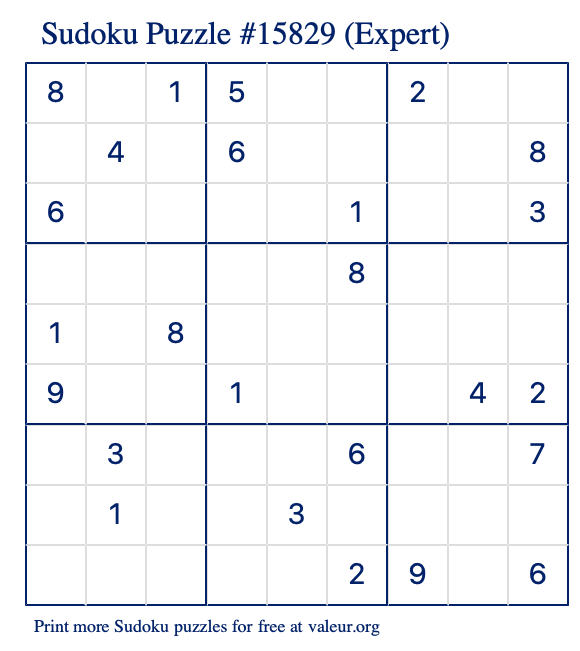 Free Printable Expert Sudoku Puzzle number 15829