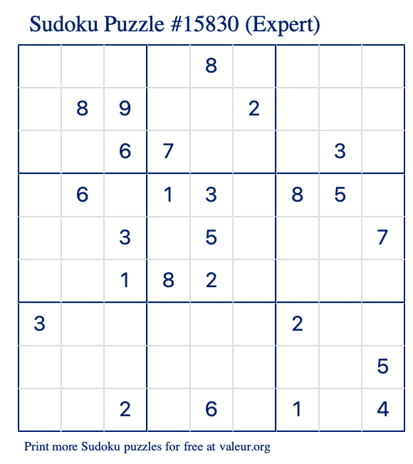 Free Printable Expert Sudoku Puzzle number 15830