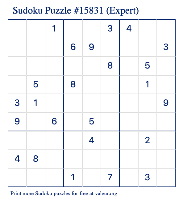 Free Printable Expert Sudoku Puzzle number 15831