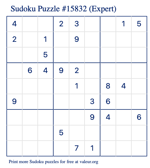 Free Printable Expert Sudoku Puzzle number 15832