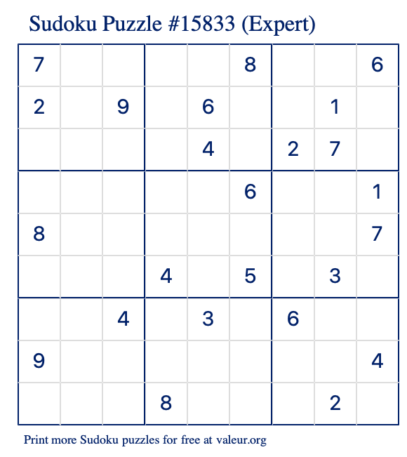 Free Printable Expert Sudoku Puzzle number 15833