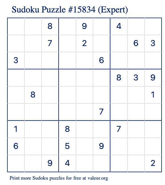 Free Printable Expert Sudoku Puzzle number 15834