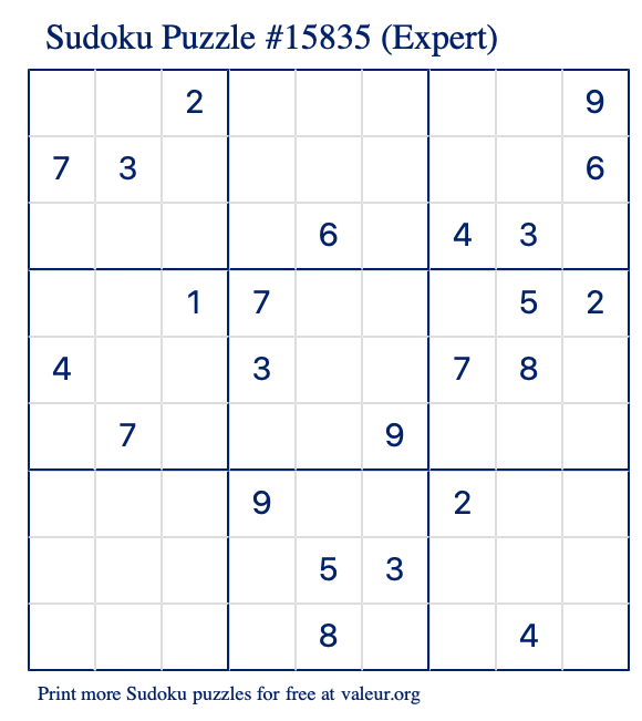 Free Printable Expert Sudoku Puzzle number 15835