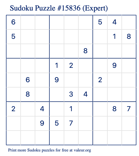 Free Printable Expert Sudoku Puzzle number 15836