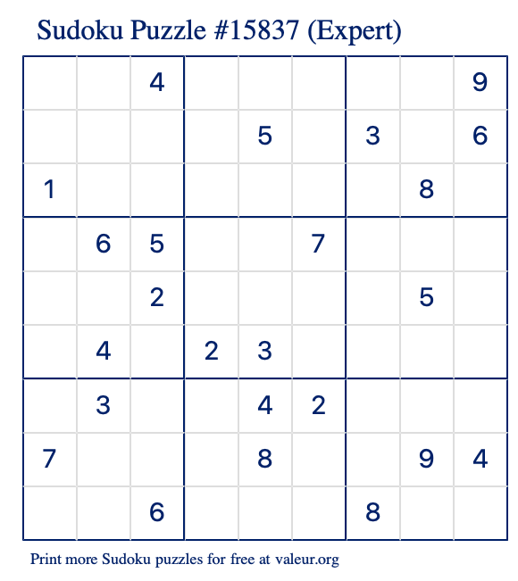 Free Printable Expert Sudoku Puzzle number 15837