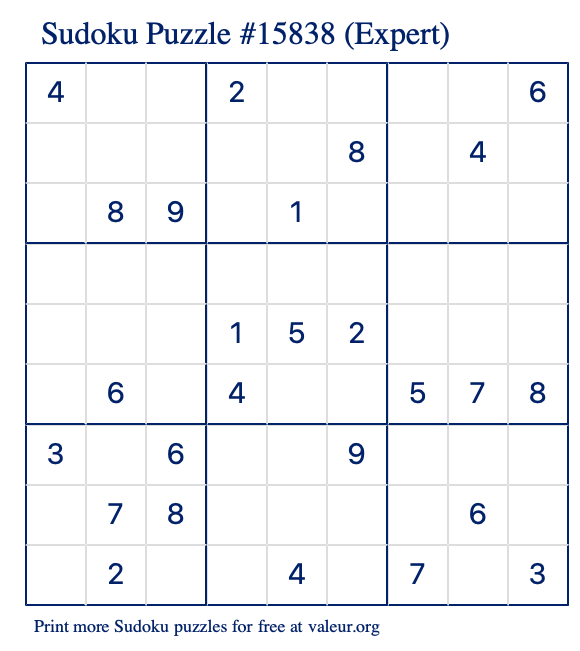 Free Printable Expert Sudoku Puzzle number 15838