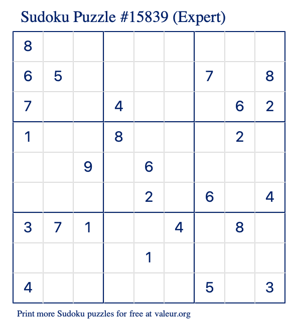 Free Printable Expert Sudoku Puzzle number 15839