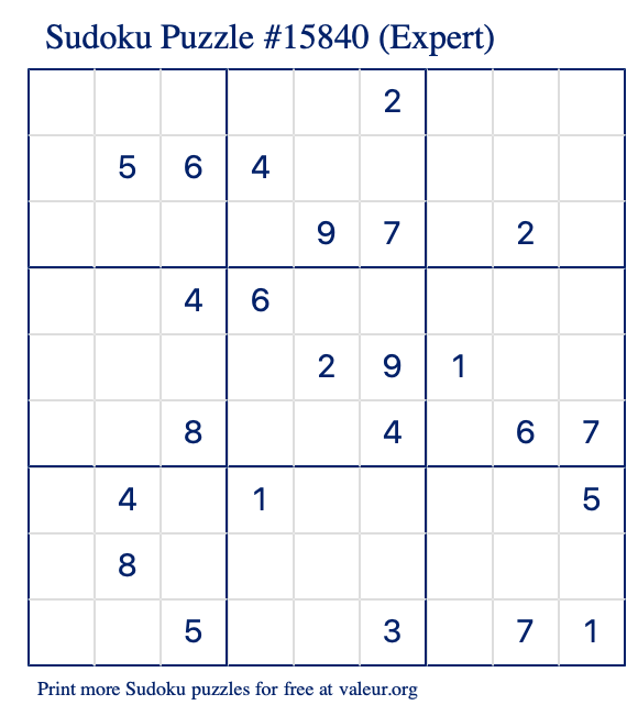 Free Printable Expert Sudoku Puzzle number 15840