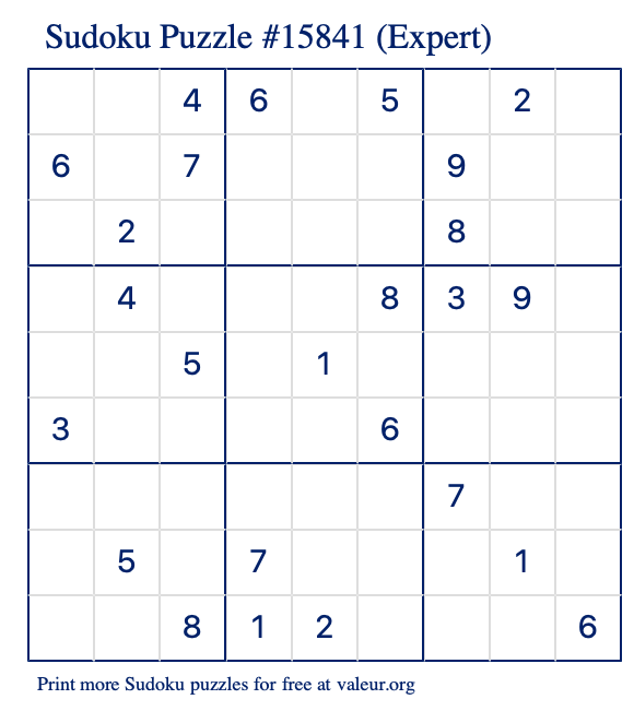 Free Printable Expert Sudoku Puzzle number 15841