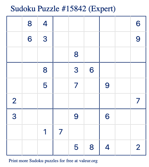 Free Printable Expert Sudoku Puzzle number 15842