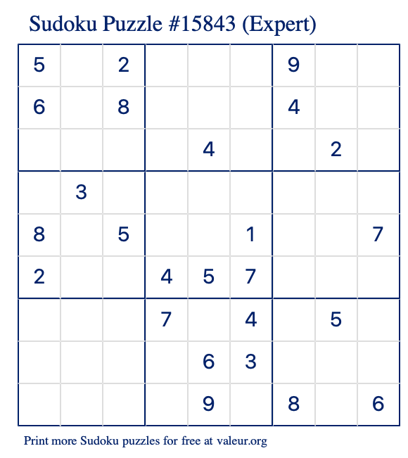 Free Printable Expert Sudoku Puzzle number 15843