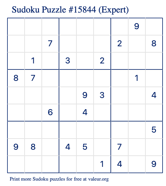Free Printable Expert Sudoku Puzzle number 15844