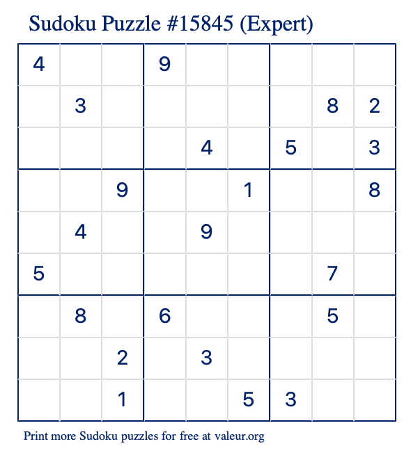 Free Printable Expert Sudoku Puzzle number 15845